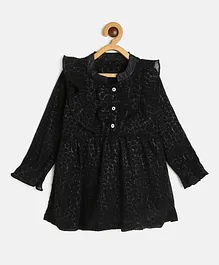 MANET Full Sleeves Animal Print Crush Pleats Self Design Dress - Black