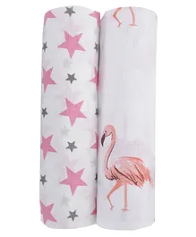 Haus & Kinder Muslin Swaddle Wrappers Star & Flamingo Print Pack of 2 - Pink