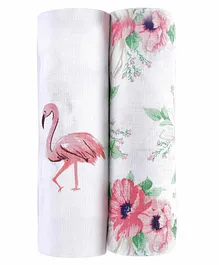 haus & kinder Floral Muslin Swaddle Wrappers Flamingo Print Pack of 2 - White Pink