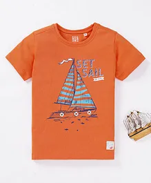 Ed-a-Mamma Half Sleeves Boat & Set Sail Text Chest Printed Tee - Orange