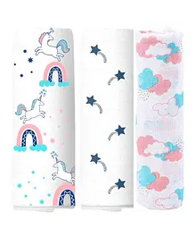 Elementary Organic Cotton Muslin Swaddle Wraps Magical Unicorn Rainbow Theme Print Set of 3 - Pink Blue and Off White