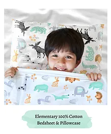 Elementary Pure Organic Cotton Bedsheet With Pillow Cover Animal Theme - Multicolour 