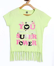 612 League Short Sleeves Distress Style Super Power Text Print Top - Lime Green
