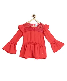 612 League Bell Sleeves Lace Embroidered Yoke Detail Top - Red