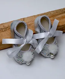 Daizy Shimmery Stone & Pearl With Pom Pom & Ribbon Detailed Booties - Silver