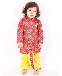 KID1 Full Sleeves Patola Printed Sherwani With Dhoti - Red