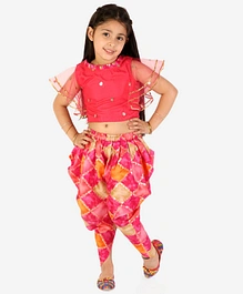 KID1 Half Net Frill Sleeves Embellished Crop Top With Marble Effect Foil Print Dhoti Pants - Pink