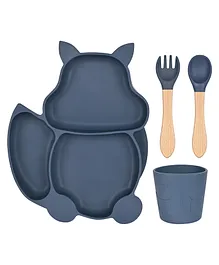 Earthism Silicone Suction Plate 4 Pc Dinner Set Clever Fox - Blue
