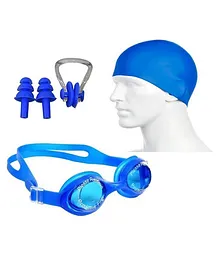 Axg New Goal Aquatic Swimming Goggles Cap & Ear Nose Plugs Swimming Kit - Blue