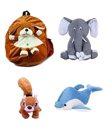 Deals India Toddler Brown Plush Dog Backpack Grey Sitting Elephant Squirrel & Dolphin Multicolor- 14 inches