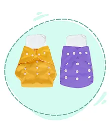 My Newborn Pack of 2 Diapers with 2 Dry Feel Cotton Inserts Free-size Pocket Cloth Diapers Washable Adjustable Reusable Absorbent Soaker Pad for Babies - Yellow Purple