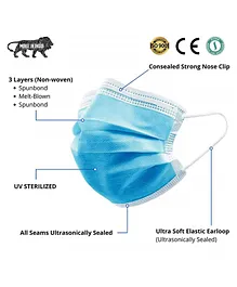ADKD 3 Ply Disposable Without Valve Nonwoven Fabric Face Mask With Nose Clip Certified By SITRA CE ISO & GMP Bacterial Filtration 95% Blue - Pack of 100