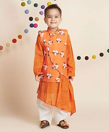 Nino by Vani Mehta Full Sleeves Solid Irregular Kurta And Pyjama With Attached Floral Print Jacket - Orange
