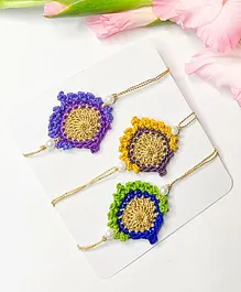 Bobbles & Scallops Set Of 3 Crochet Morpankh Rakhi - Purple Yellow & Green