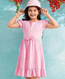 Hola Bonita Polka Printed Ruffle Hem Knit Dress- Pink