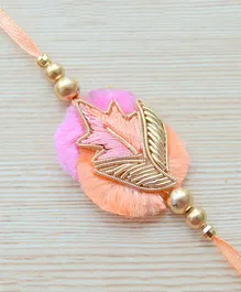 Pretty Ponytails Simple Handmade Leaf Inspired Zardozi Rakhi - Gold Pink & Orange
