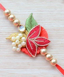 Pretty Ponytails Handmade Flower Rakhi With PEarls & Stones Embellishment - Gold Red & Green
