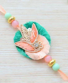 Pretty Ponytails Zari Embellished Leaf Inspired Floral Handcrafted Rakhi Gold Peach And Green - Gold Peach And Green