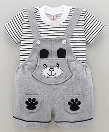 Dapper Dudes Half Sleeves Striped Tee With Bear Patched Dungaree  - Grey