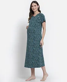 FASHIONABLY PREGNANT Half Sleeves Leaf Stick Print Maternity & Feeding Night Dress - Green