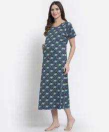 FASHIONABLY PREGNANT Half Sleeves Abstract Flower Motif Print Maternity & Feeding Night Dress - Navy Blue