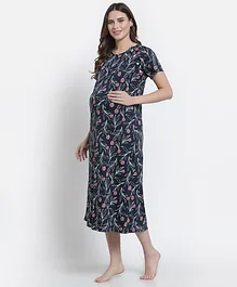 FASHIONABLY PREGNANT Half Sleeves Abstract Flower Print Maternity & Feeding Night Dress - Navy Blue