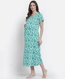 FASHIONABLY PREGNANT Half Sleeves Shells Print Maternity & Feeding Night Dress - Blue
