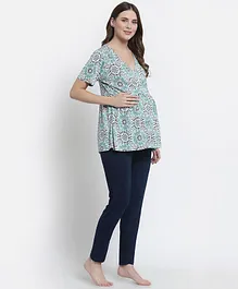 FASHIONABLY PREGNANT Half Sleeves Damask Style Print Night Suit - Blue & Navy Blue
