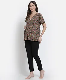 FASHIONABLY PREGNANT Half Sleeves Floral Print Night Suit - Red & Black