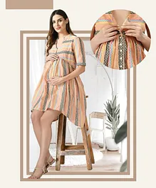 Mometernity Half Sleeves Wide Striped Maternity And Nursing Hi Low Style Tunic Dress - Orange