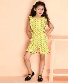 Kids Cave Frill Cap Sleeves Tulip Flower Printed Yoke Flounce Jumpsuit With Front Tie Up  - Yellow