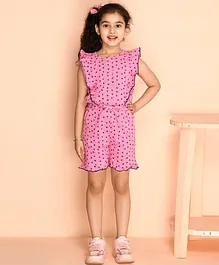 Kids Cave Frill Cap Sleeves All Over Floral Printed Yoke Flounce Jumpsuit With Front Tie Up - Pink