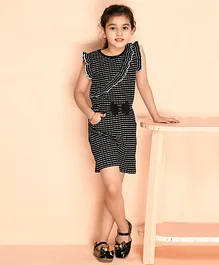 Kids Cave Frill Cap Sleeves Broken Striped Asymmetrical Flounce Jumpsuit With Bow Applique - Black