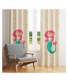 Peach Cuddle Mermaid Printed Curtain For Kids Room Pack of 2- Multicolour