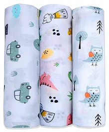 LazyToddler Cotton Soft Flannel Swaddles Wrap For Newborn Baby Car Dino & Fox Print Pack of 3- Multicolor