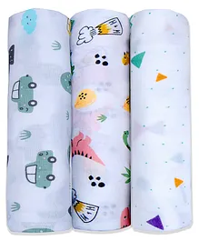 LazyToddler Cotton Soft Flannel Swaddles Wrap For Newborn Baby Car Dino & Shapes Print Pack of 3- Multicolor