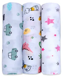 LazyToddler Cotton Organic Muslin Baby Swaddles Car Dino & Star Printed Pack of 3 - Multicolour 