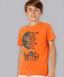 Kidsville Half Sleeves Take Care Of The World Print T Shirt - Orange