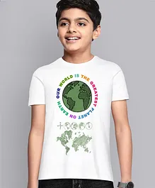 Kidsville Half Sleeves Earth Print T Shirt - White