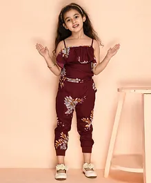 Kids Cave Sleeveless Floral Printed Crepe With Cotton Lining Flounce Jumpsuit - Maroon