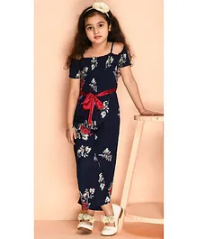 Kids Cave Half Cold Shoulder Sleeves Gathered Yoke Floral Printed Crepe With 100% Cotton Lining Jumpsuit With Front Tie Up - Navy Blue