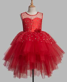 Toy Balloon Sleeveless Glitter Embellished Bodice Tulle Layered High & Low Party Wear Dress With Flower Applique - Red