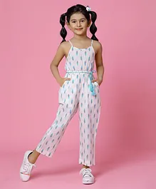 Lil Peacock Sleeveless All Over Motif Printed Jumpsuit With Side Pocket - White