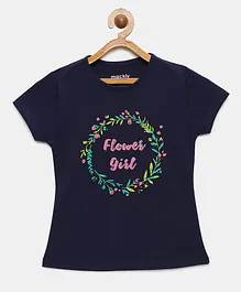 Mackly Half Sleeves Flower Girl Print Tee - Navy Blue