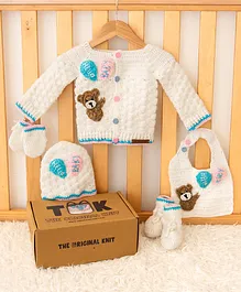 The Original Knit Unisex Set Of 5 Full Sleeves Teddy And Balloon Detail Sweater With Pair Of Mittens And Booties With Bag And Cap Gift Set - Off White Baby Pink Blue Beige
