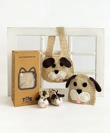 The Original Knit Set Of 3 Puppy Detail Feeding Apron With A Cap And Pair Of Booties Gift Hamper - Beige & Brown