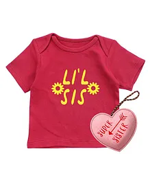 Kadam Baby Set Of Half Sleeves Lil Sis Print Tee With Super Sister Heart Felt Toy - Red