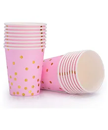 Hippity Hop Pink and Gold Foil Polka Dot Paper Cups Glasses 9 oz Disposable For Party Birthday Pack of 10- Pink