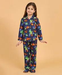 Piccolo Full Sleeves All Over Bulldozer Printed Night Suit With Slippers  - Blue