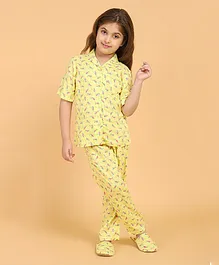 Piccolo Half Sleeves All Over Birds Printed Night Suit With Slippers -Yellow
